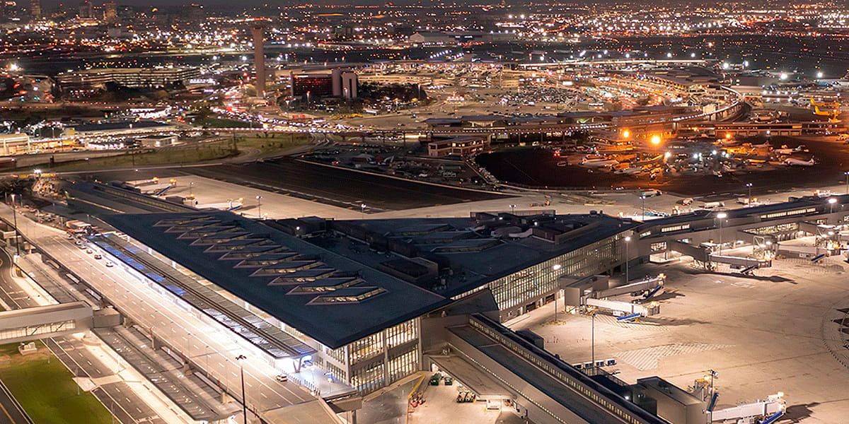 Overview of Newark International Airport canopy incorporating Crystalline Silicon Photovoltaic Technology Glass by Onyx Solar 