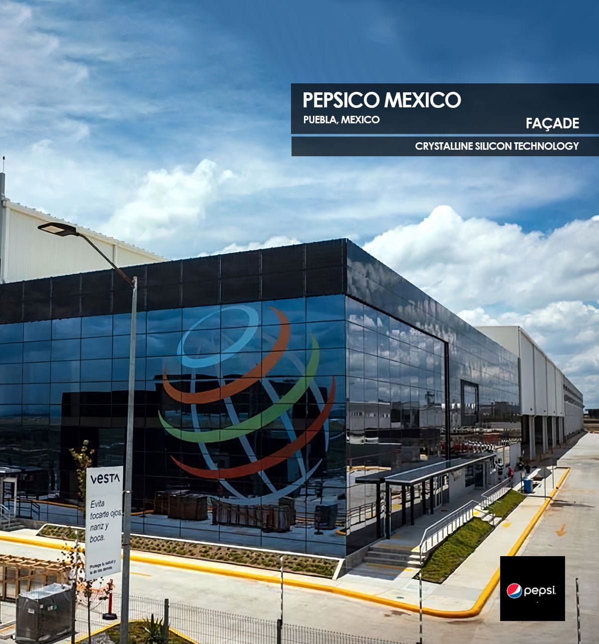 Pepsico Mexico Façade  incorporating Crystalline Silicon Photovoltaic Technology Glass by Onyx Solar 