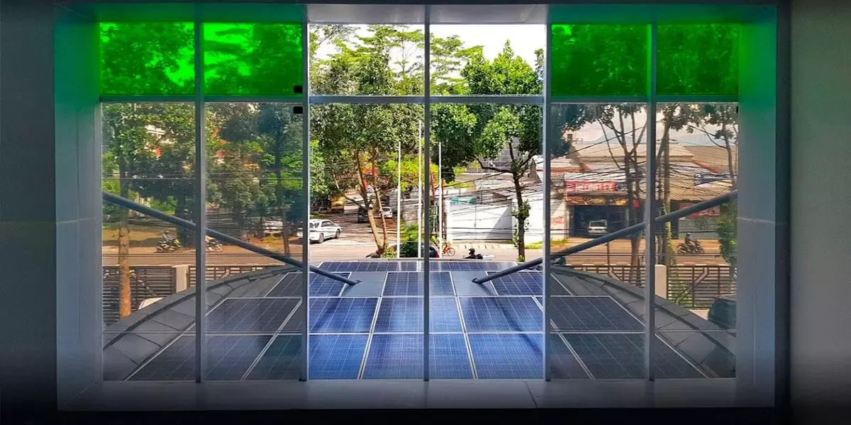 Interior view of Surya Energy Indotama Office Curtan Wall incorporating Amorphous Silicon Photovoltaic Technology Glass by Onyx Solar