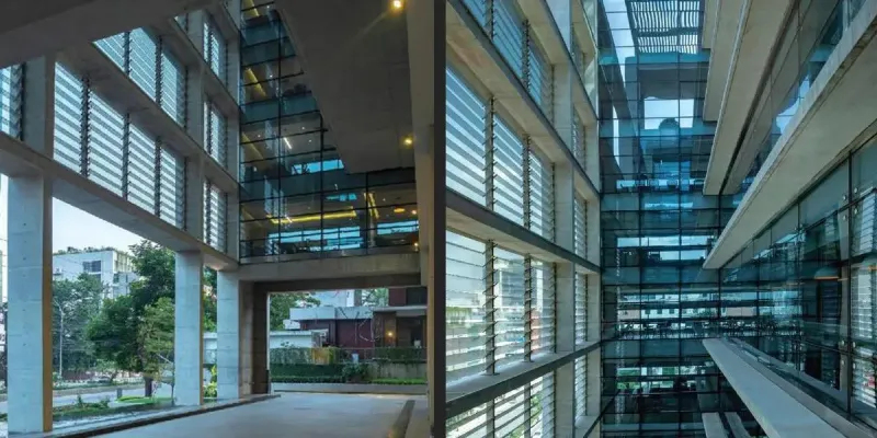 Inside View of Eastern Bank Amorphous Silicon Façade incorporating Amorphous Silicon Photovoltaic Technology Glass by Onyx Solar