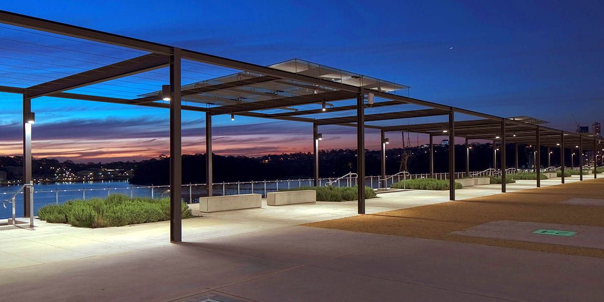 Exterior view of The Coal Loader canopy incorporating Crystalline Silicon Photovoltaic Technology Glass by Onyx Solar