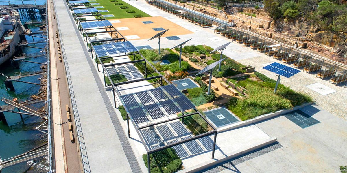 Aerial view of The Coal Loader canopy incorporating Crystalline Silicon Photovoltaic Technology Glass by Onyx Solar