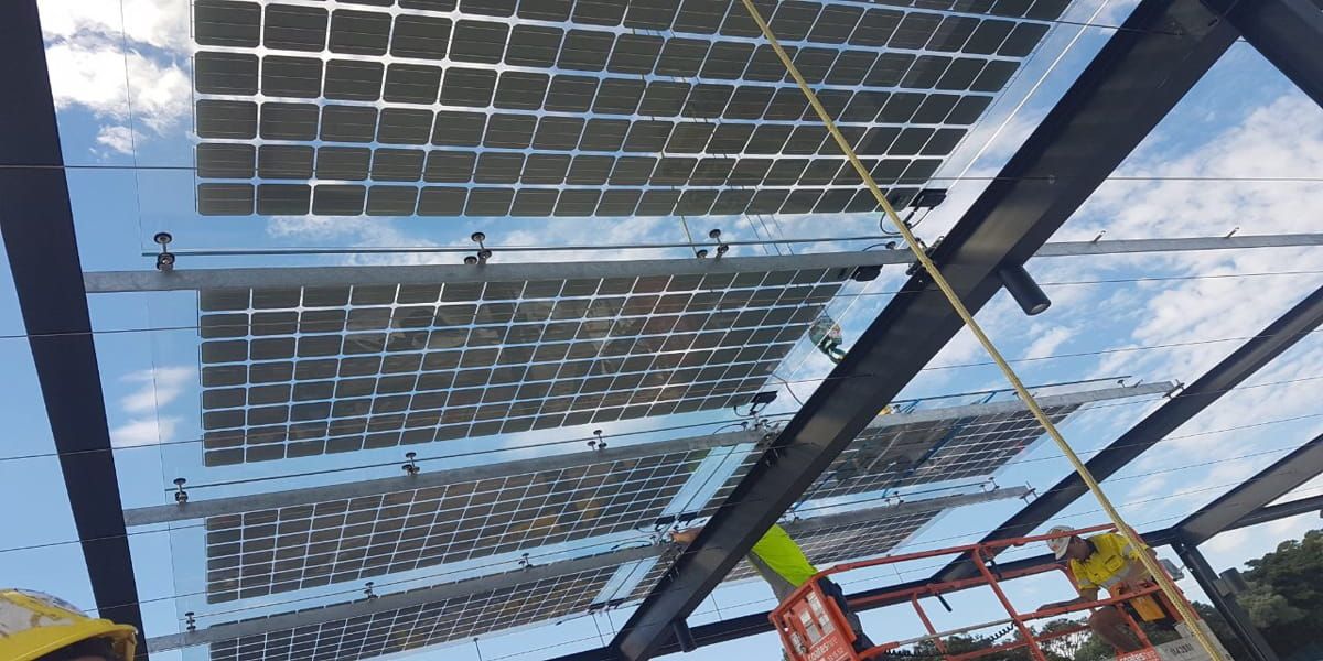 Interior view of The Coal Loader canopy incorporating Crystalline Silicon Photovoltaic Technology Glass by Onyx Solar