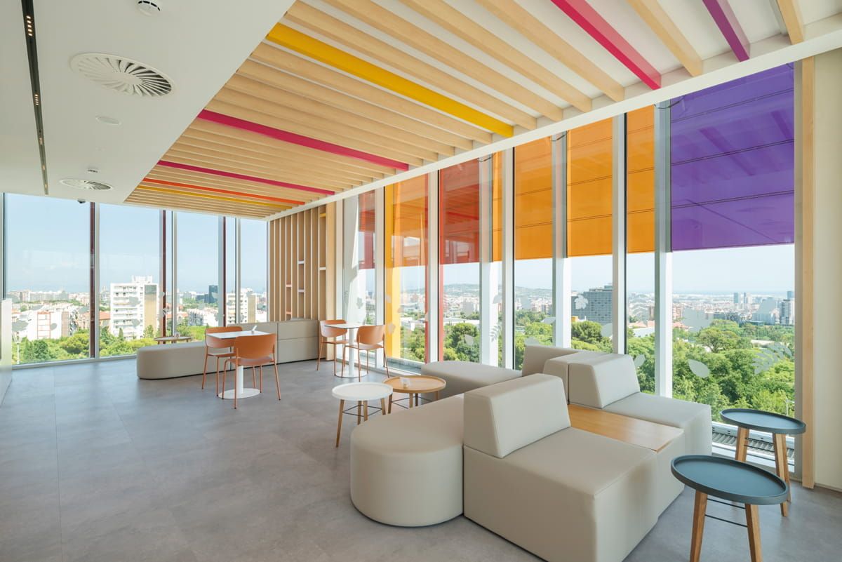 Inside view of SJD Pediatric Cancer Center brise soleil incorporating Amorphous Silicon Photovoltaic Technology Glass by Onyx Solar