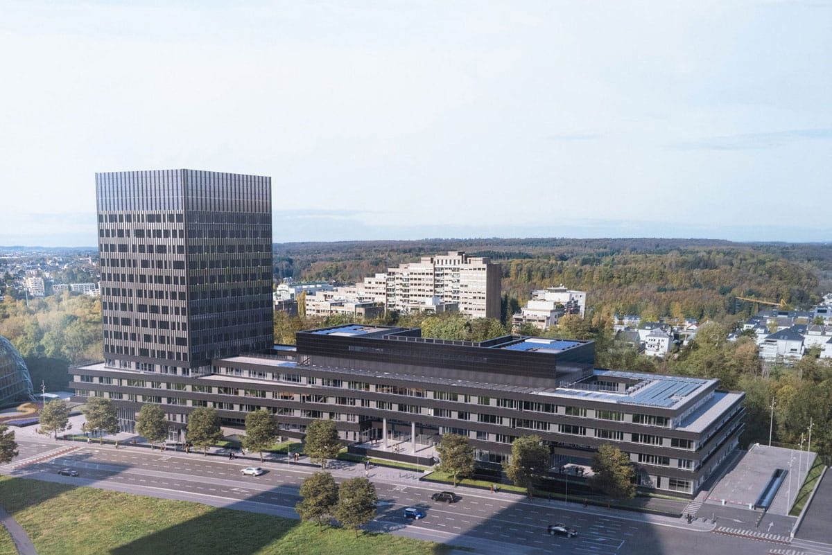 Render of the European Investment Bank with a façade featuring Crystalline Silicon Photovoltaic Technology glass by Onyx Solar