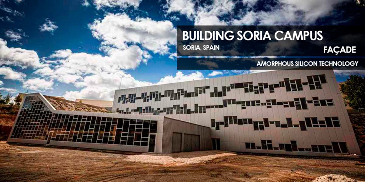 Building Soria Campus façade incorporating Amorphous Silicon Photovoltaic Technology Glass by Onyx Solar