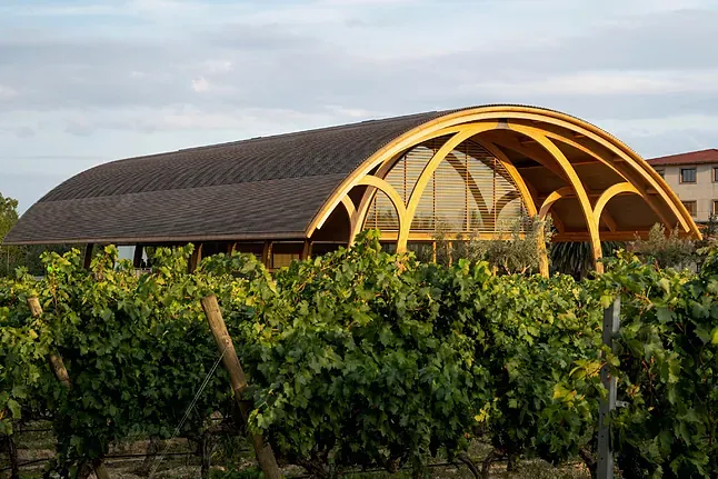 Faustino Winery building featuring photovoltaic roof.