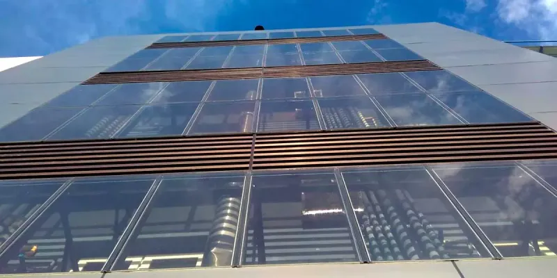 Exterior Details of Sierra E-Facility Curtain Wall incorporating Amorphous Silicon Photovoltaic Technology Glass by Onyx Solar