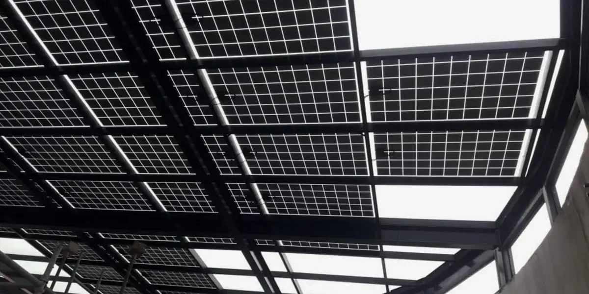 Inside view of Water Treatment Plant canopy featuring Crystalline Silicon Photovoltaic Technology Glass by Onyx Solar