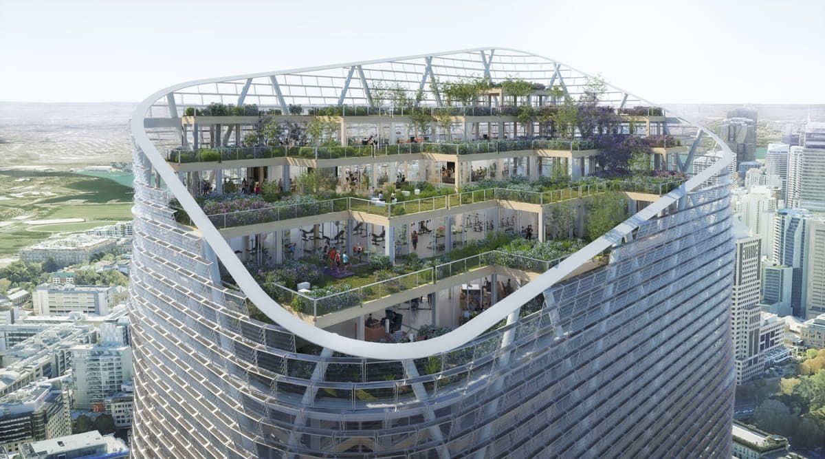 Aerial view of Atlassian Tower building with Brise Soleils featuring Crystalline Silicon Photovoltaic Technology glass by Onyx Solar