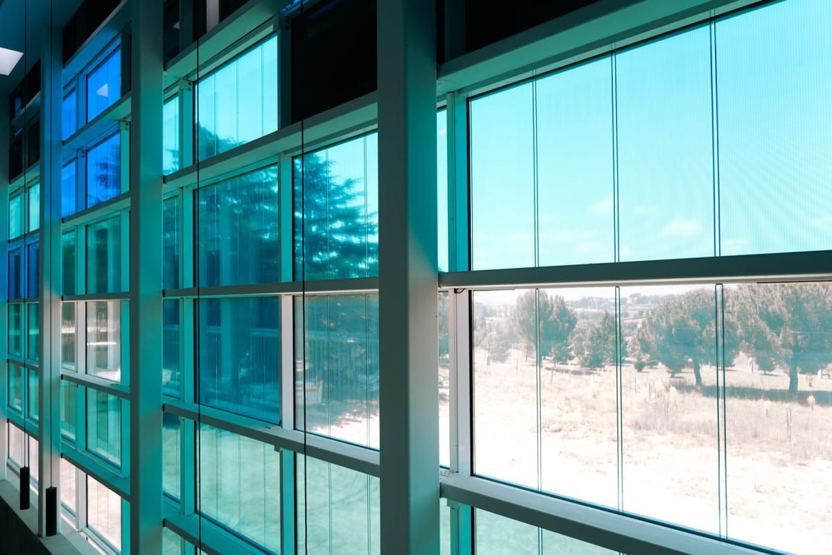 Interior Details of UCAV Labs façade featuring Crystalline and Amorphous Silicon Photovoltaic Technology Glass by Onyx Solar