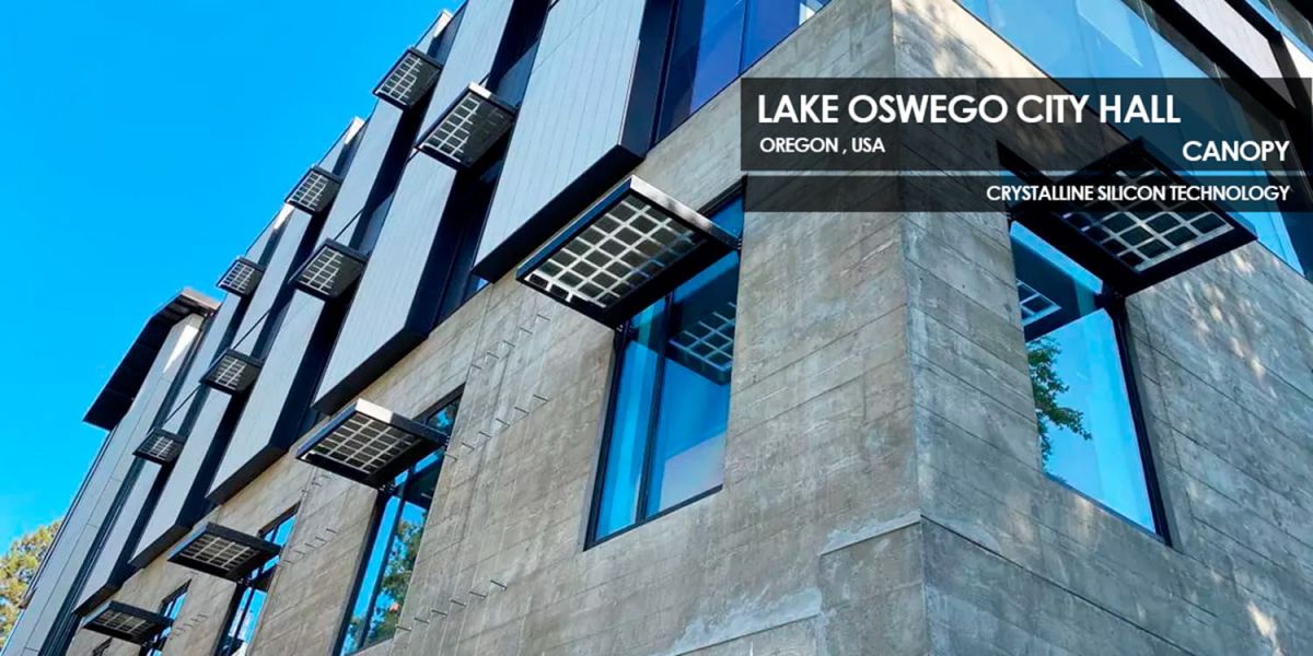 Lake Oswego City Hall cnaopy incorporating Crystalline Silicon Photovoltaic Technology Glass by Onyx Solar 