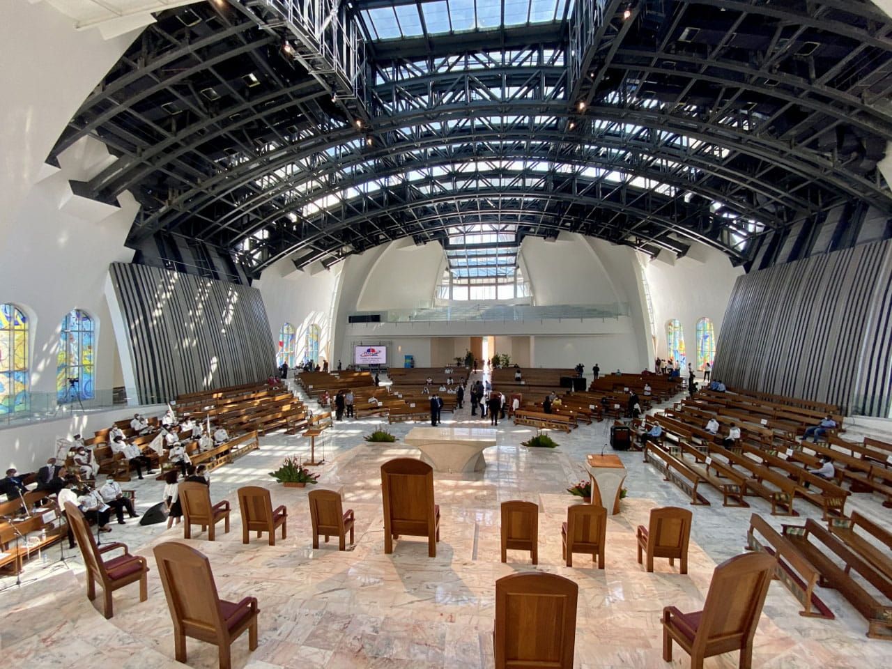 Interior view of Bayaguana Basilica skylight incorporating Amorphous Silicon Photovoltaic Technology Glass by Onyx Solar 