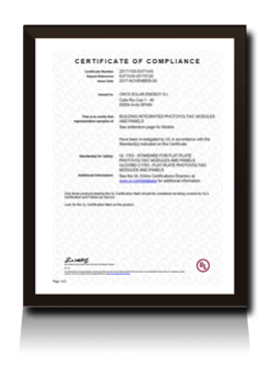 Certification document of Onyx Solar Amorphous Silicon Photovoltaic Technology Glass