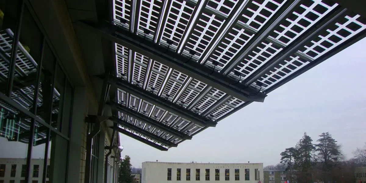 Exterior view of Arcadia University canopy incorporating Crystalline Silicon Photovoltaic Technology Glass by Onyx Solar