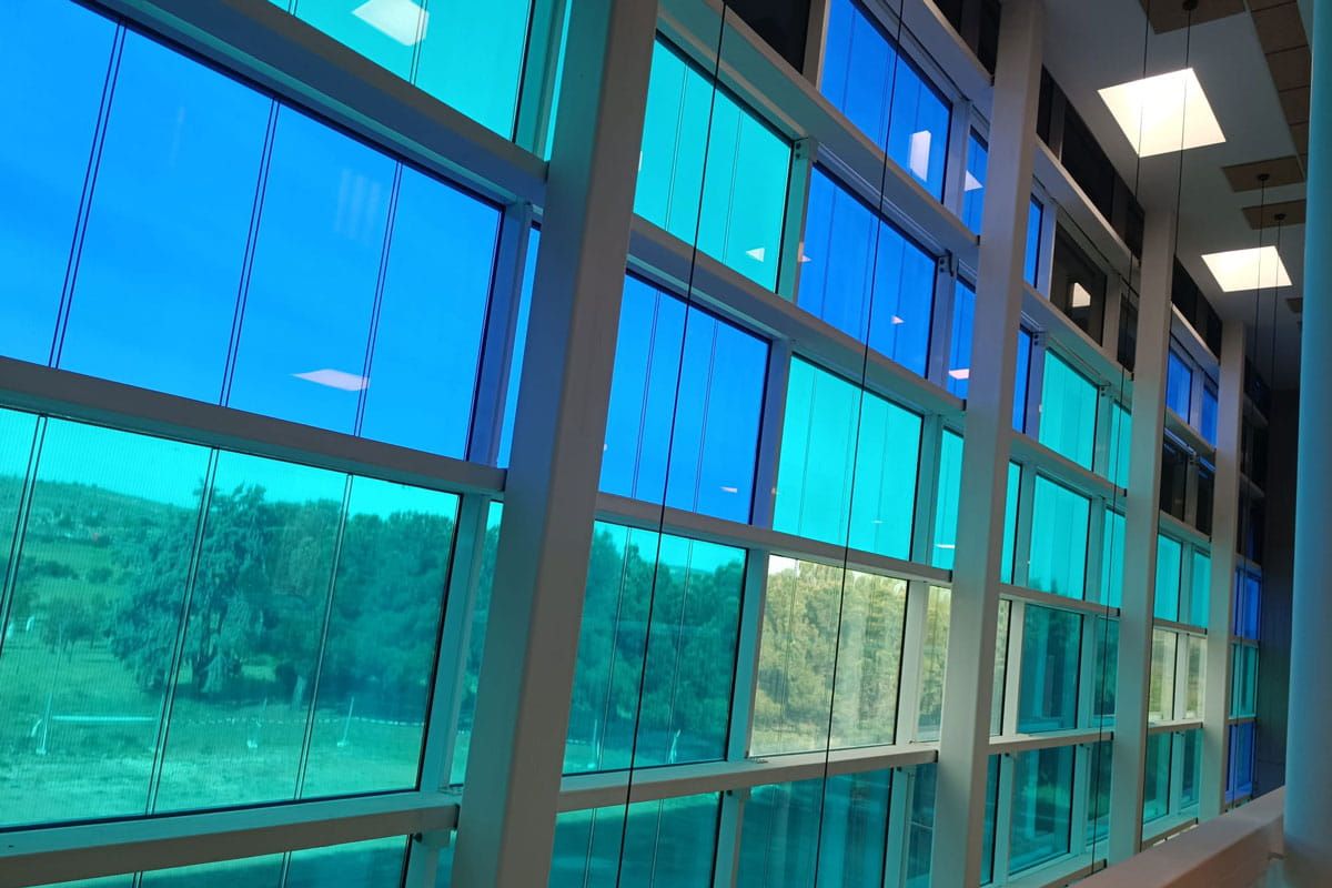 Interior view of UCAV Labs façade featuring Crystalline and Amorphous Silicon Photovoltaic Technology Glass by Onyx Solar