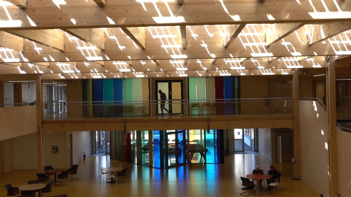 Interior view of Elsa Triolet Institute with a crystalline silicon photovoltaic skylight by Onyx Solar