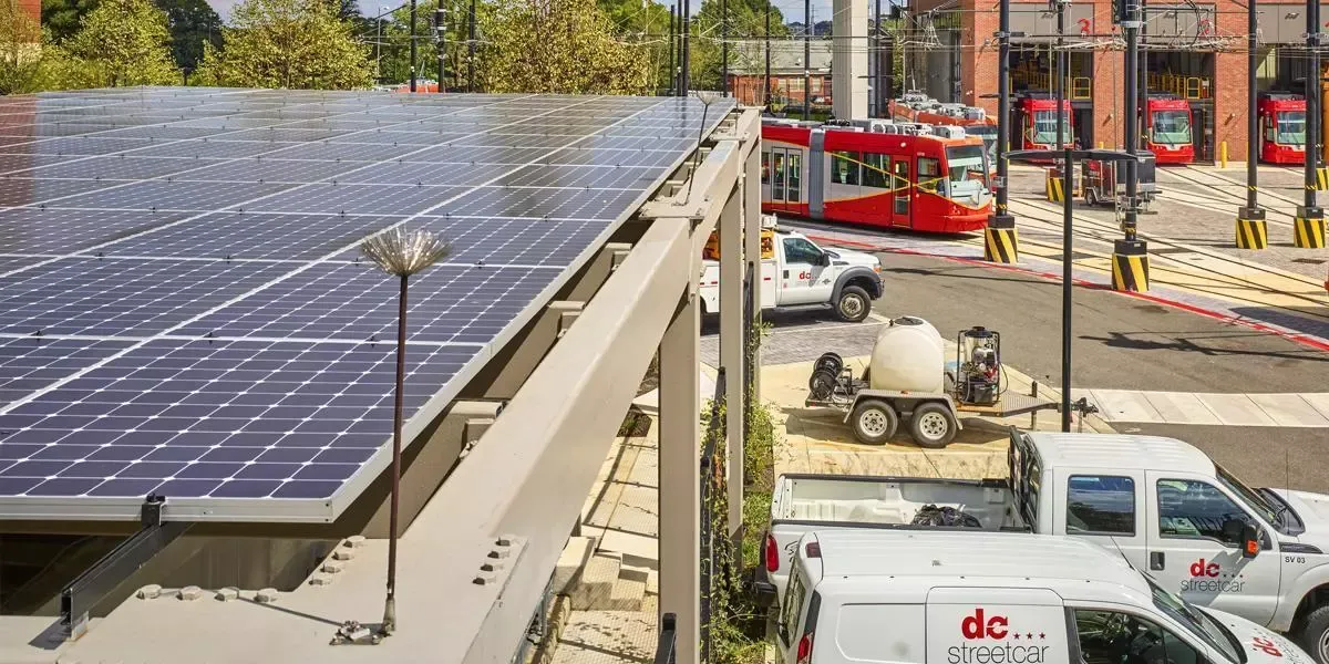 Exterior view of Car Barn Training Center canopy incorporating Crystalline Silicon Photovoltaic Technology Glass by Onyx Solar 