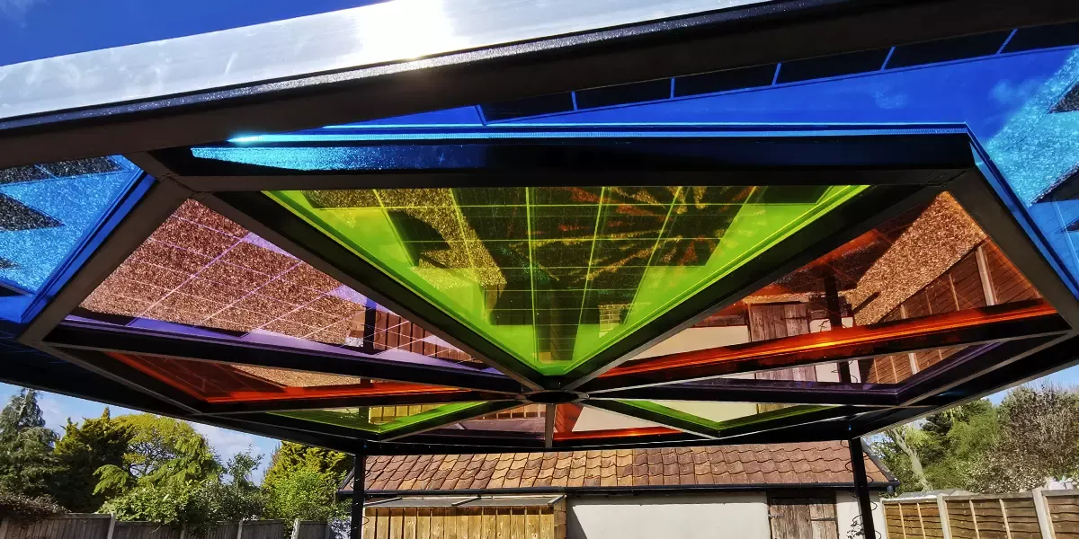 Inside view of Coloured canopy featuring Crystalline Silicon Photovoltaic Technology Glass by Onyx Solar