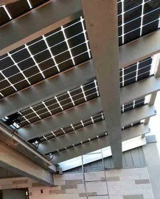 Inside view of Saint Barnabas Wellness Center & Affordable Housing Canopy featuring Crystalline Silicon Photovoltaic Technology Glass by Onyx Solar