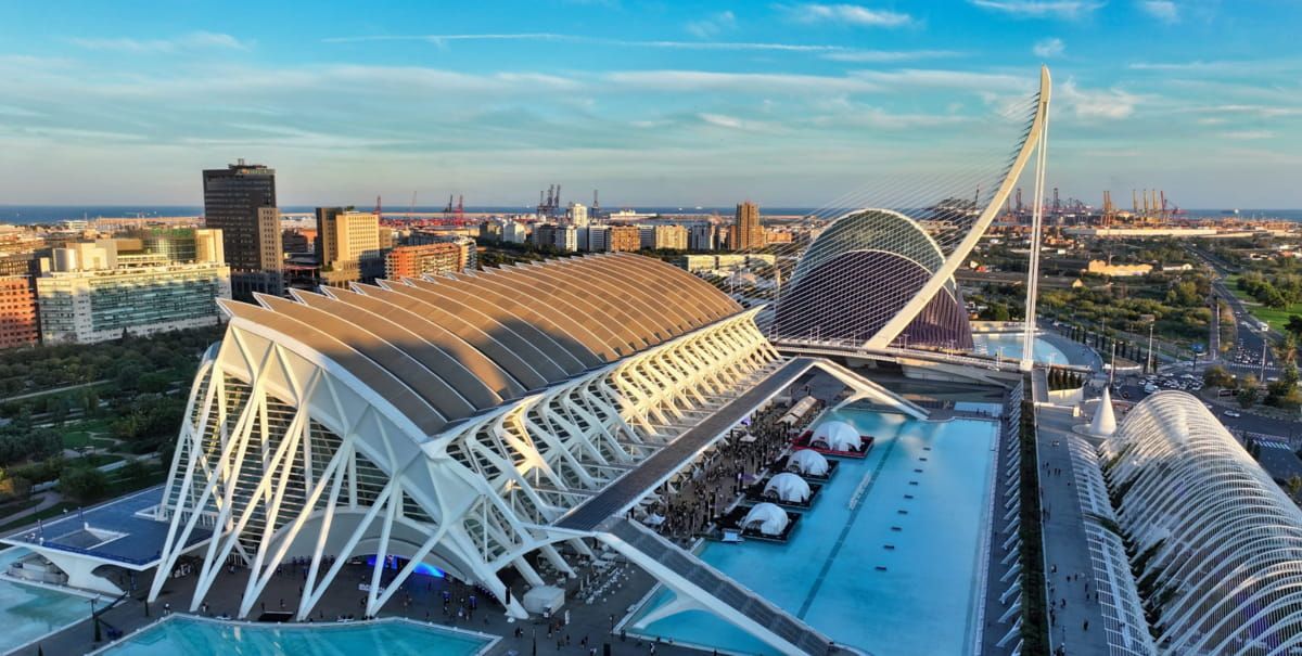 Aerial view of The City Of Arts And Sciences walkable PV floor incorporating Crystalline Silicon Photovoltaic Technology Glass by Onyx Solar