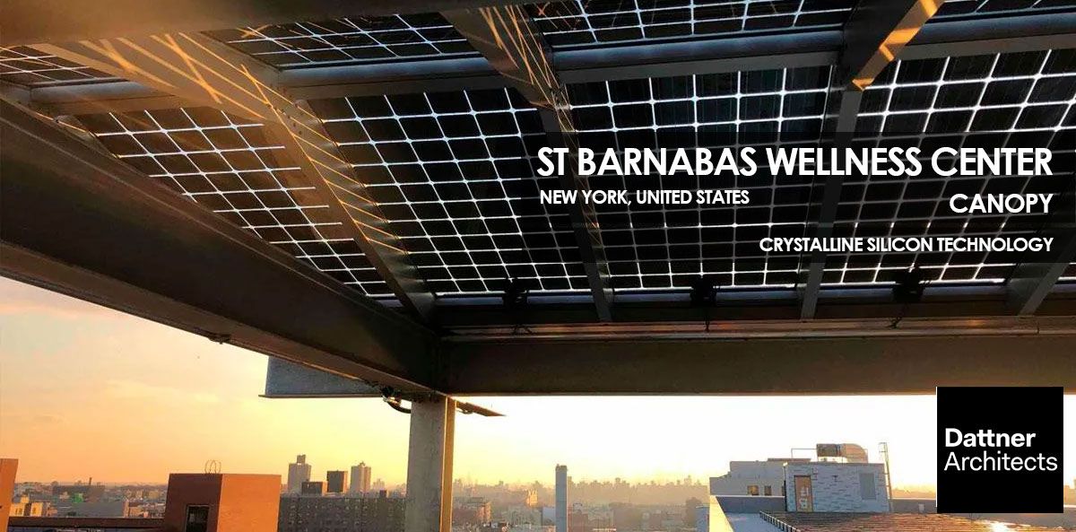 Saint Barnabas Wellness Center & Affordable Housing canopy incorporating Crystalline Silicon Photovoltaic Technology Glass by Onyx Solar