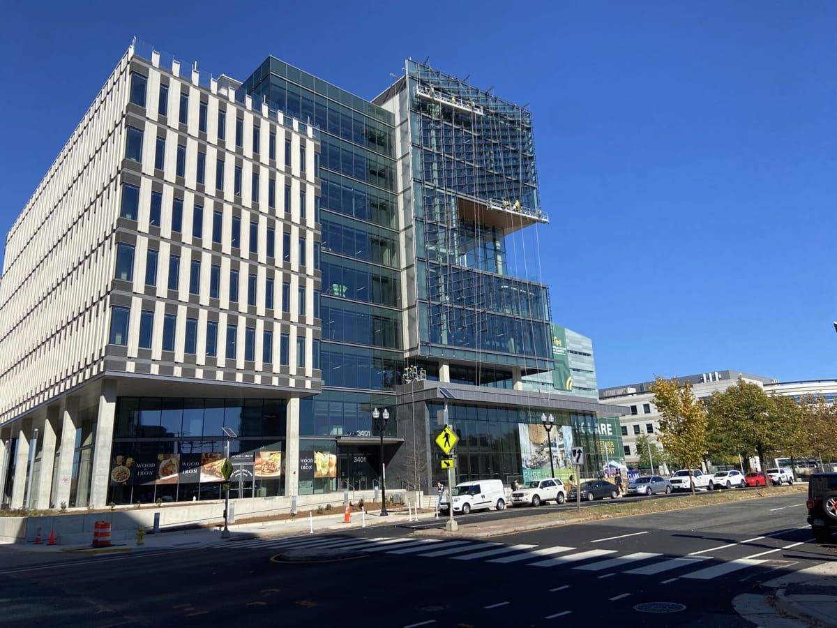 Overview of George Mason University building with Brise Soleils featuring Amorphous Silicon Photovoltaic Technology glass by Onyx Solar