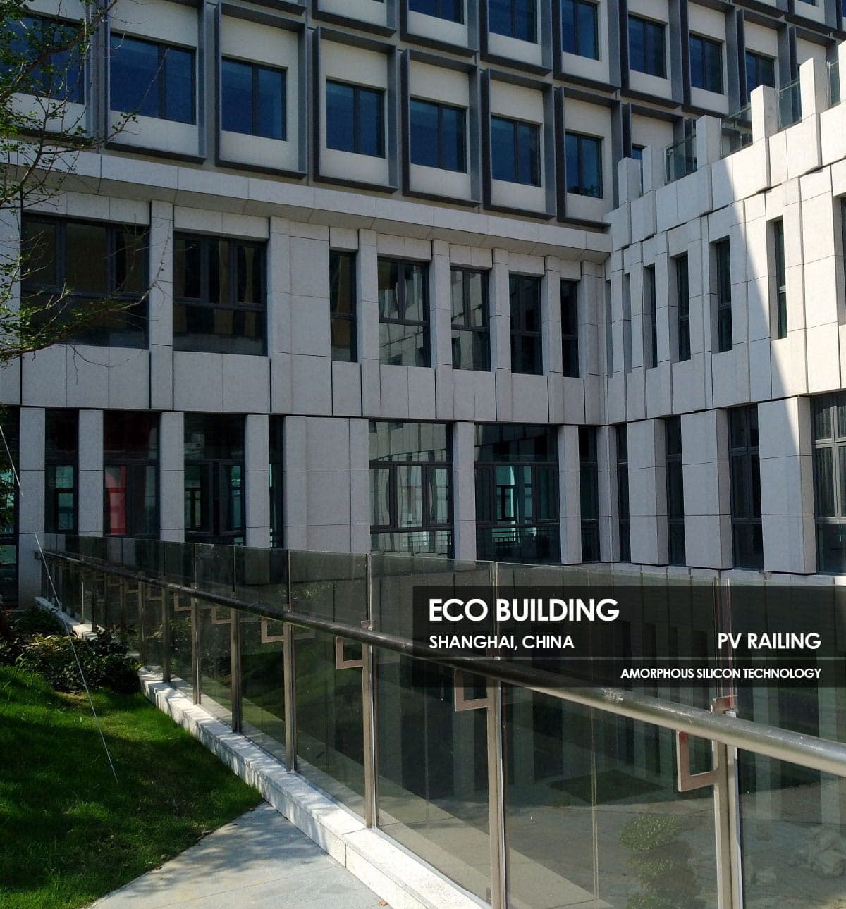 Eco Building Railing incorporating Amorphous Silicon Photovoltaic Technology Glass by Onyx Solar 