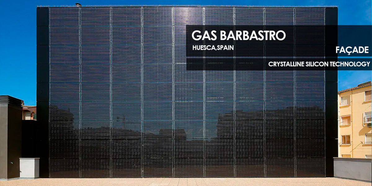 Gas Barbastro façade incorporating Crystalline Silicon Photovoltaic Technology Glass by Onyx Solar