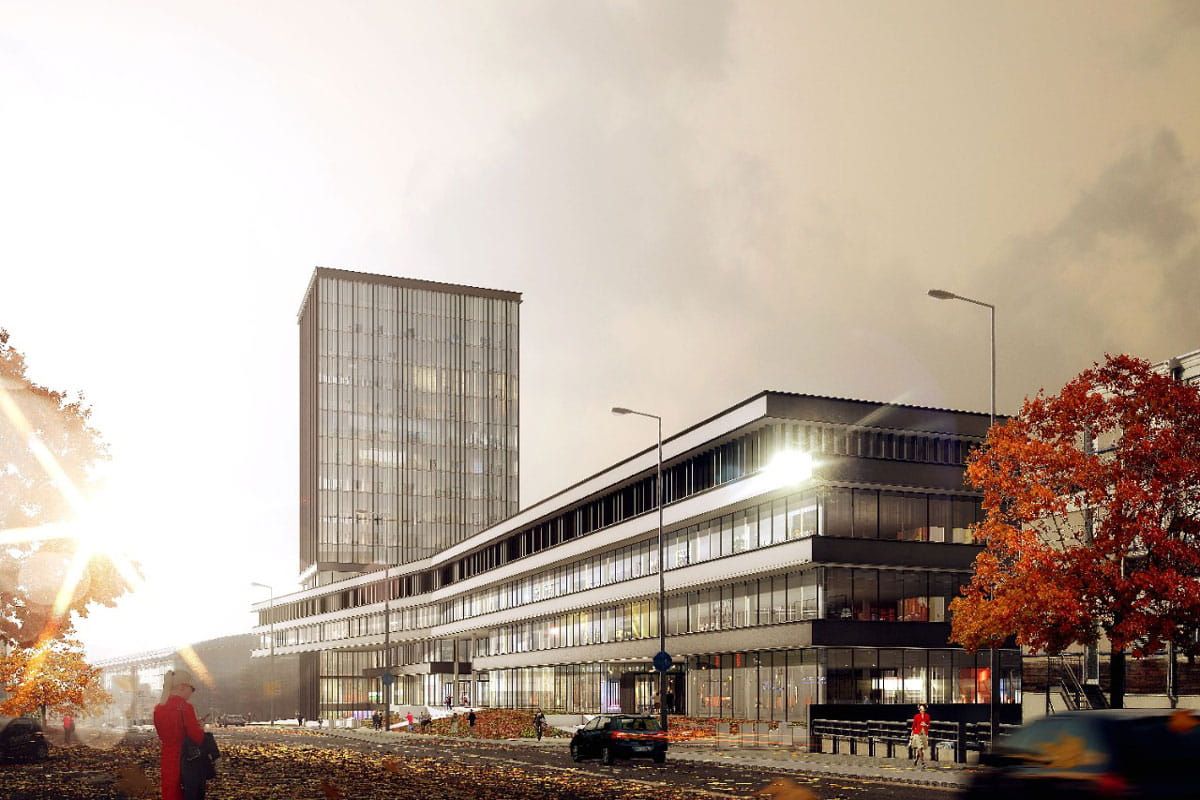 Render of the European Investment Bank with a façade featuring Crystalline Silicon Photovoltaic Technology glass by Onyx Solar