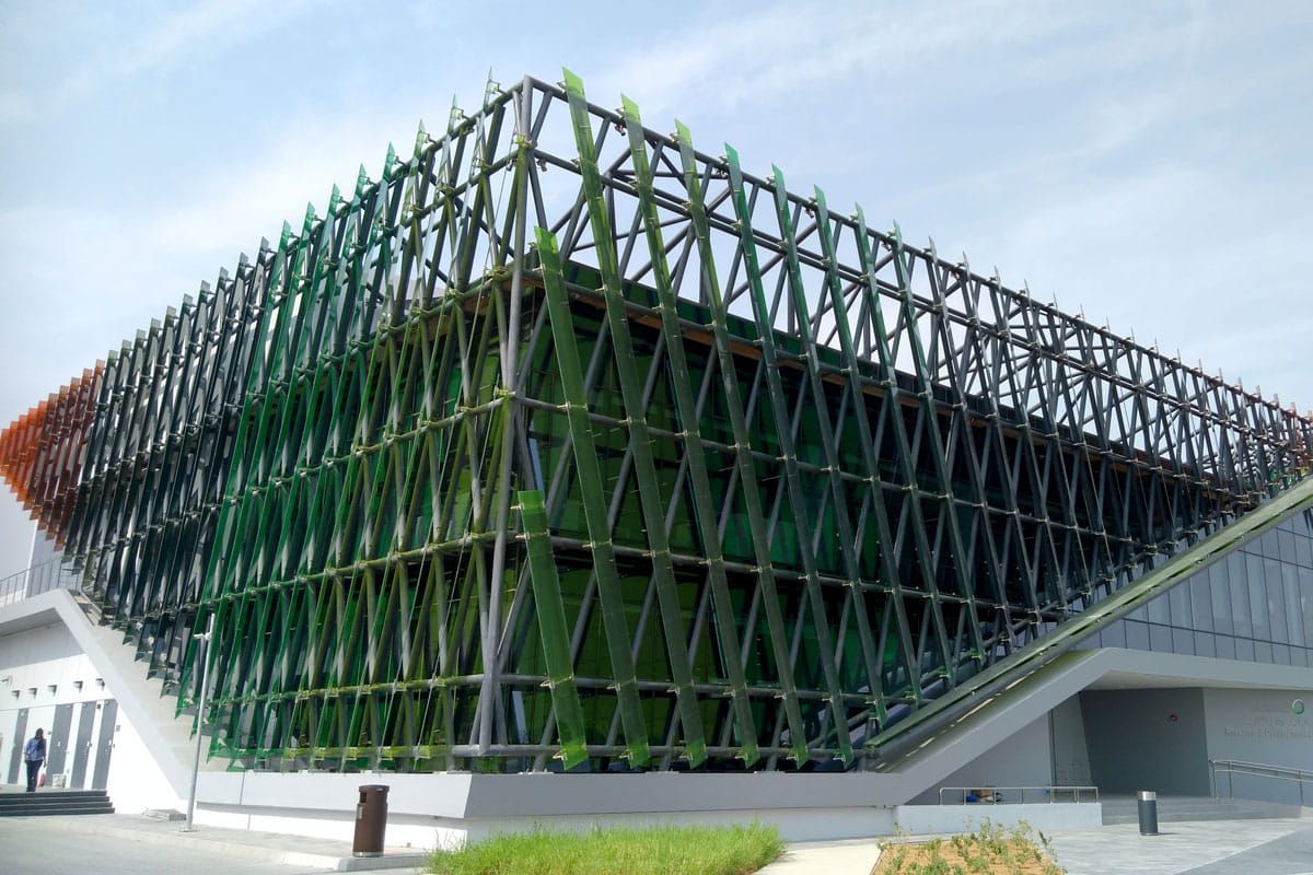 Outside view of Dewa R&D Labs brise soleil incorporating Amorphous Silicon Photovoltaic Technology Glass by Onyx Solar 