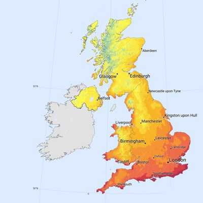 United Kingdom solar radiation map