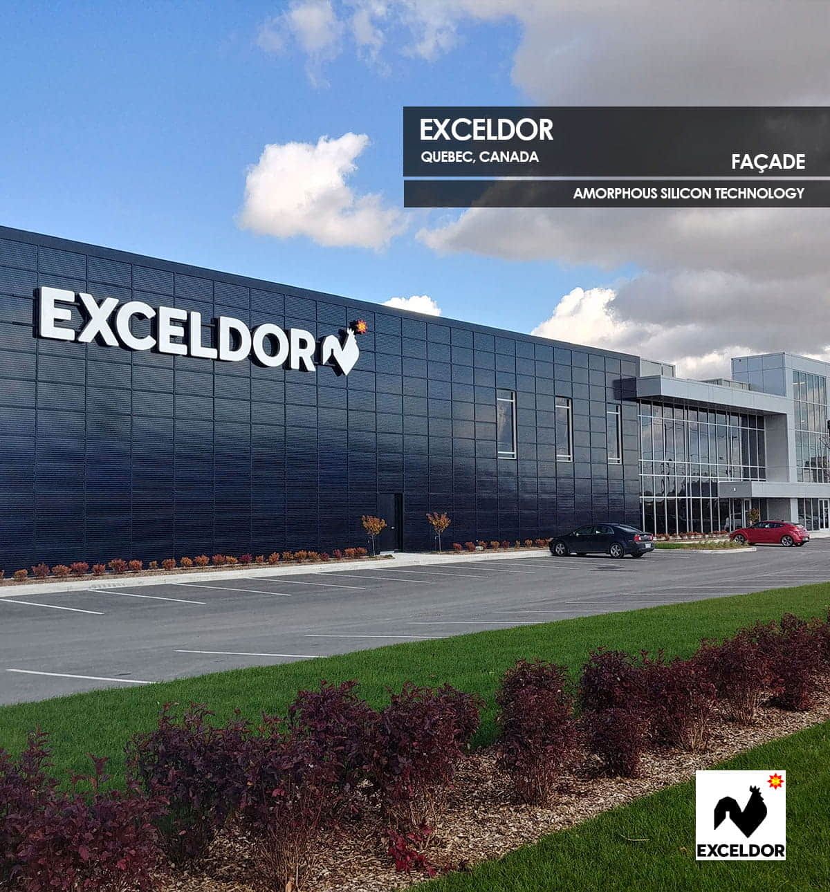 Exceldor Façade incorporating Amorphous Silicon Photovoltaic Technology Glass by Onyx Solar