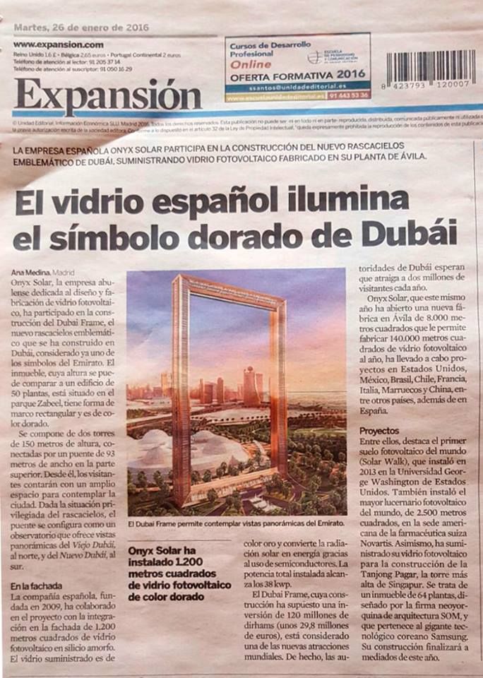 Expansión Article about the installation of Onyx Solar photovoltaic Glass on Dubai Frame project