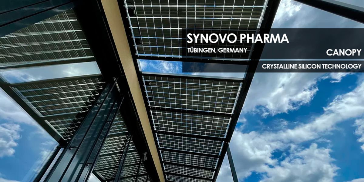 Synovo Pharma canopy incorporating Crystalline Silicon Photovoltaic Technology Glass by Onyx Solar