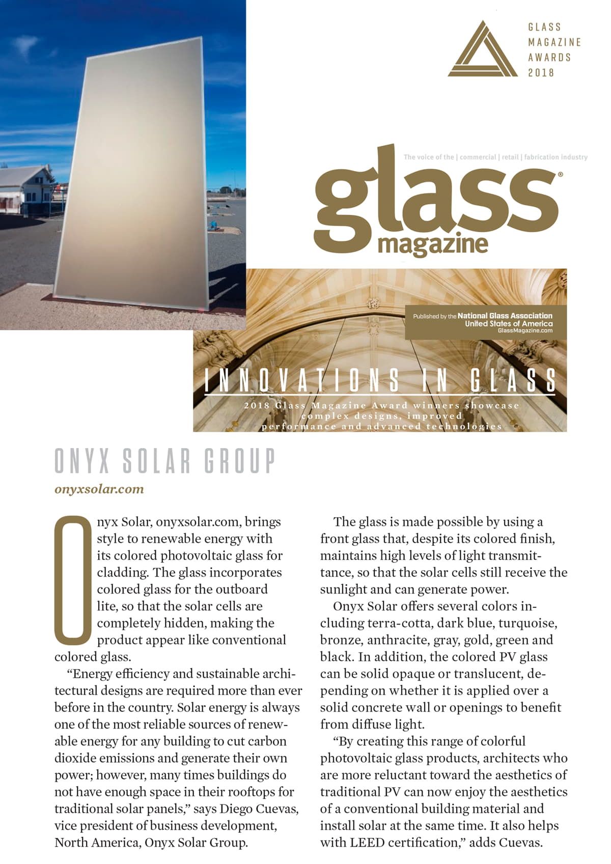 Glass Magazine article about Onyx Solar and their Photovoltaic Glass