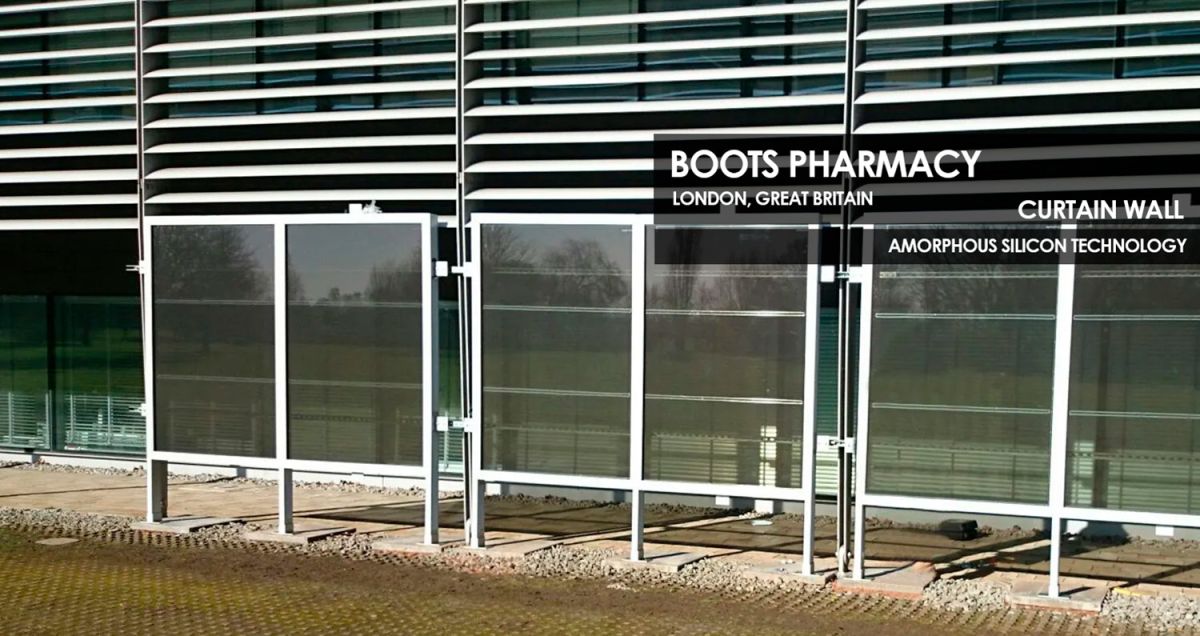 Boots Pharmacy curtain wall incorporating Amorphous Silicon Photovoltaic Technology Glass by Onyx Solar