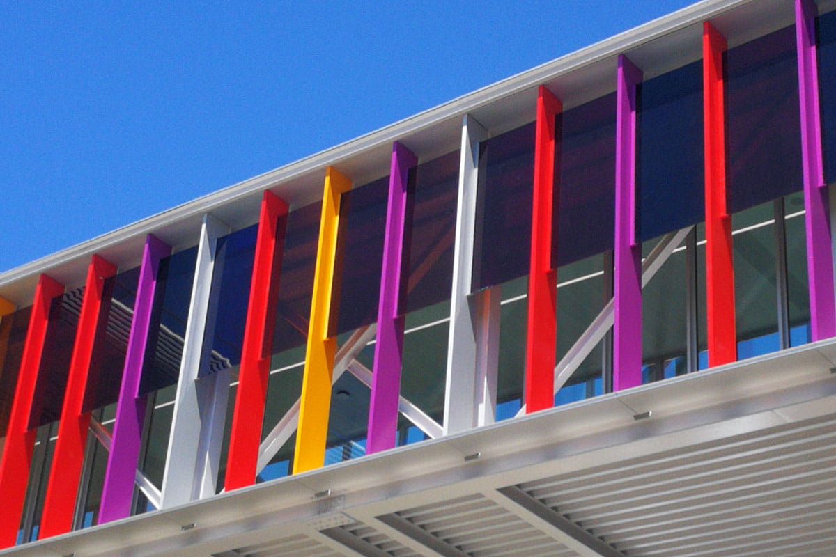 Exterior details of SJD Pediatric Cancer Center brise soleil incorporating Amorphous Silicon Photovoltaic Technology Glass by Onyx Solar