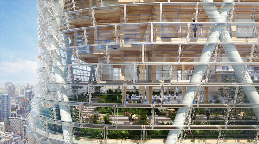 Detail of Atlassian Tower building with Brise Soleils featuring Crystalline Silicon Photovoltaic Technology glass by Onyx Solar