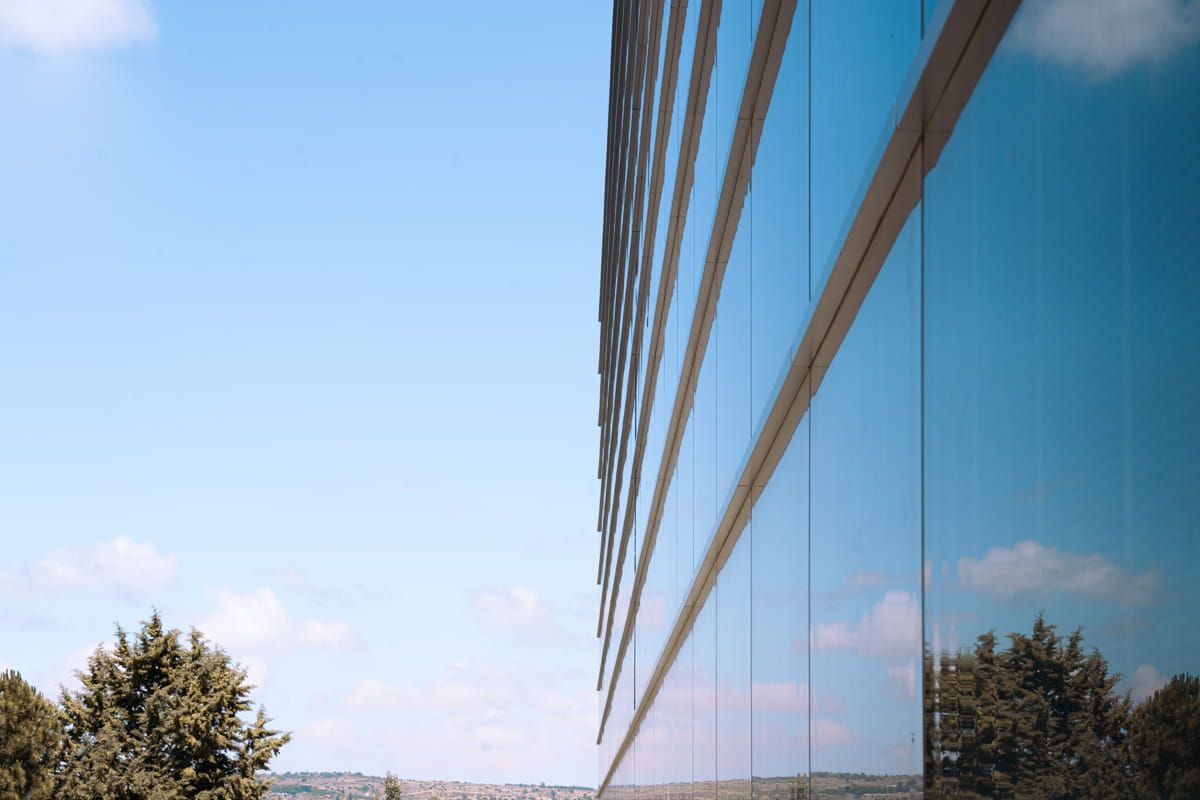 Exterior Details of UCAV Labs façade featuring Crystalline and Amorphous Silicon Photovoltaic Technology Glass by Onyx Solar