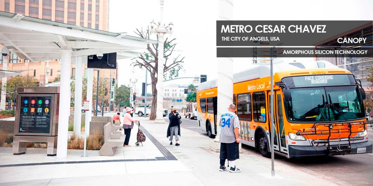 Metro Cesar Chavez canopy incorporating Amorphous Silicon Photovoltaic Technology Glass by Onyx Solar 