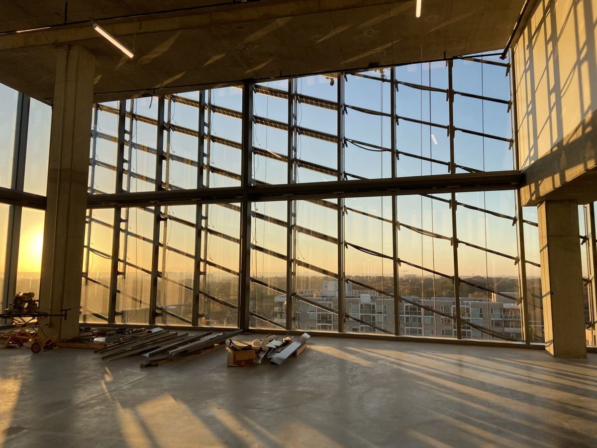 Interior view of George Mason University building with Brise Soleils featuring Amorphous Silicon Photovoltaic Technology glass by Onyx Solar