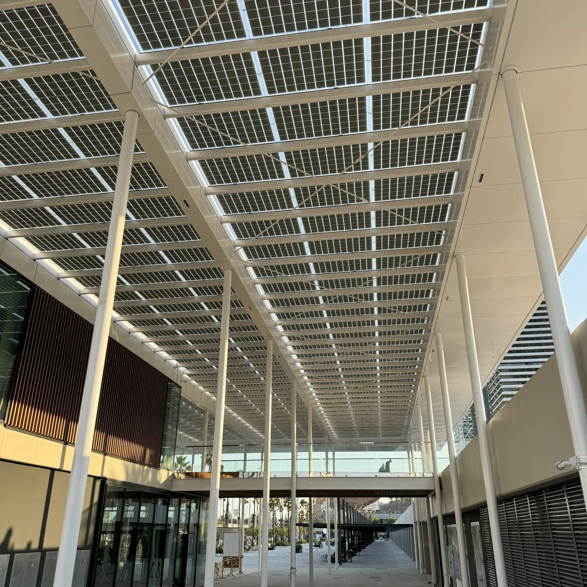 Interior view of Olimpic Port canopy incorporating Crystalline Silicon Photovoltaic Technology Glass by Onyx Solar