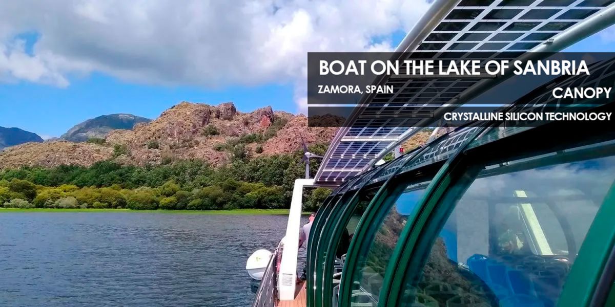 Boat on the lake of Sanabria canopy incorporating Crystalline Silicon Photovoltaic Technology Glass by Onyx Solar 