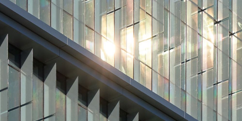 Exterior details of Life Sciences Building Brise Soleil incorporating Amorphous Silicon Photovoltaic Technology Glass by Onyx Solar