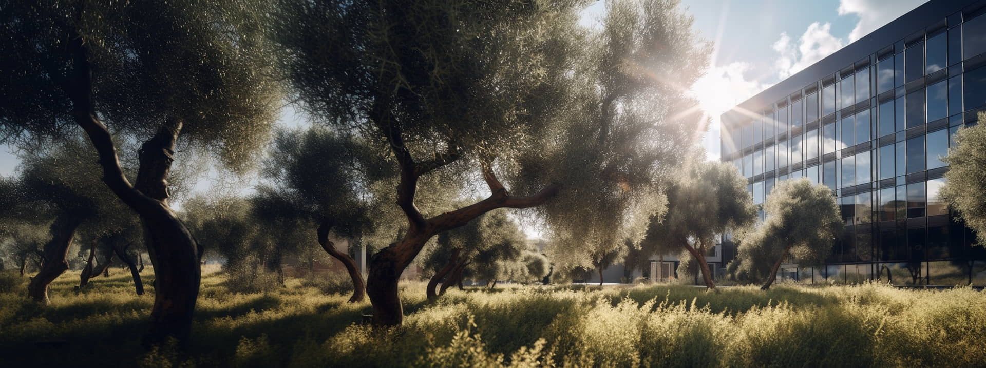 Image showing a building with a photovoltaic glass façade surrounded by an olive grove.