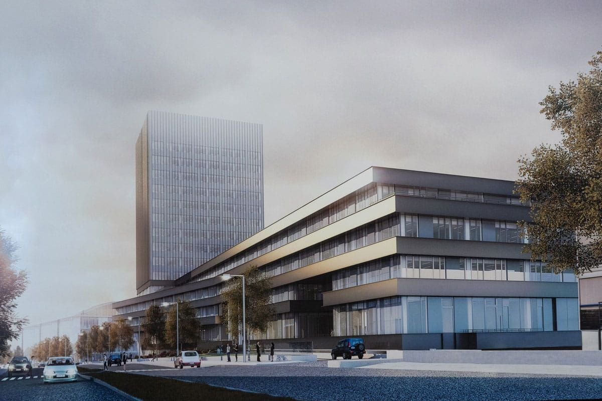 Render of the European Investment Bank with a façade featuring Crystalline Silicon Photovoltaic Technology glass by Onyx Solar