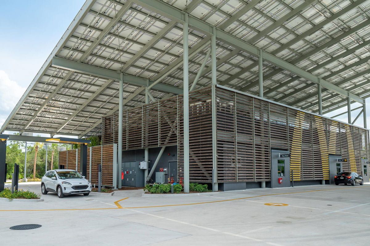 Exterior view of McDonald´s canopy incorporating Crystalline Silicon Photovoltaic Technology Glass by Onyx Solar