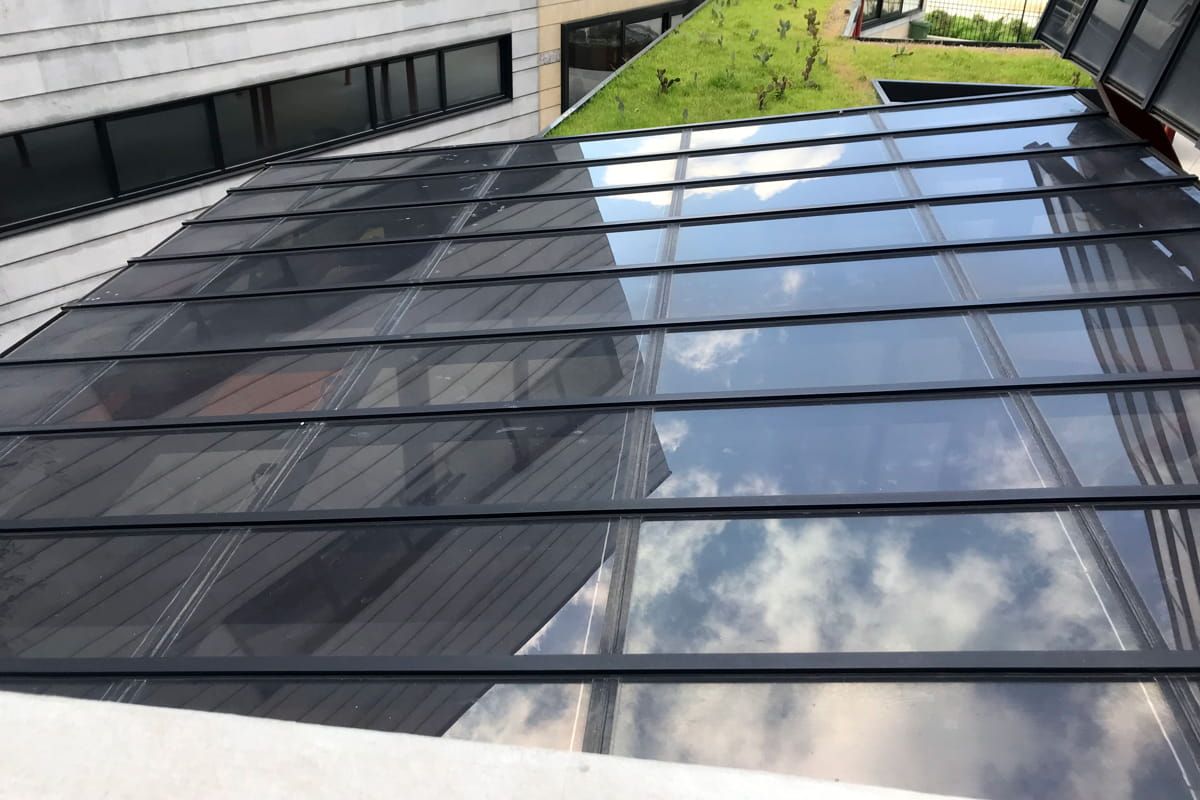 Outside Details of Municipality Building façade incorporating Amorphous Silicon Photovoltaic Technology Glass by Onyx Solar