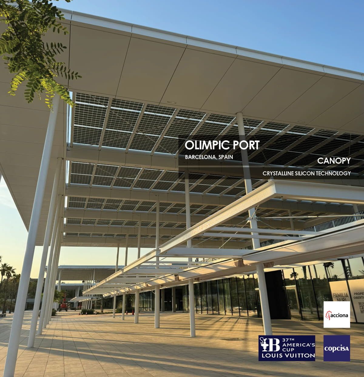 Olimpic Port canopy incorporating Crystalline Silicon Photovoltaic Technology Glass by Onyx Solar